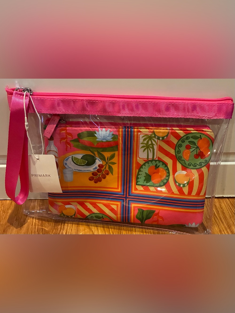 New Primark Pink Clear Pouch with Tropical Orange & Green Print